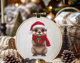 Christmas Otter Cross Stitch Pattern, Winter Animal Embroidery (PDF Pattern)