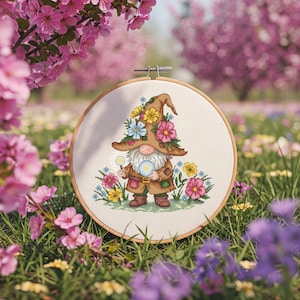Spring Gnome cross stitch pattern in PDF format instant download file Cross Stitch Gnome pattern Spring Flowers