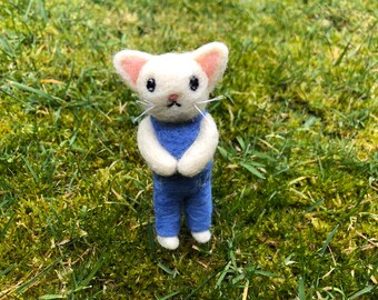 Kawaii Miniature Boy Kitty Cat in Blue Overalls Country Kitty Needle Felted Figure
