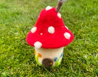 Felted Mushroom House Night Light Red and White All Natural Hand Crafted Wool Tea Light Fairy House Waldorf Decor Fae Elf