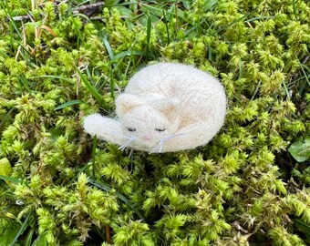 Needle Felted Sleeping Off White Cat Miniature Kitty