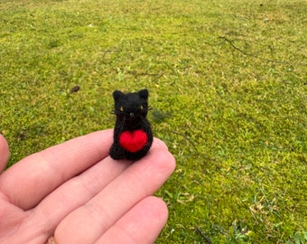 Miniature Black Kitty With Heart Needle Felted Tiny Halloween Miniature