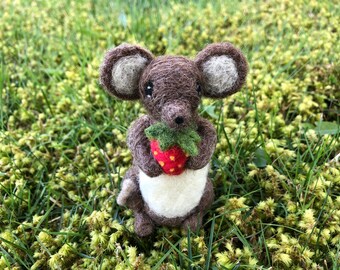 Needle Felted Brown Mouse with strawberry Spring Decor Waldorf Nature Table