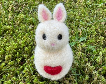 Needle Felted White Love Bunny Figure