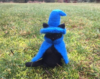 Felted Black Mage Wizard Kitty Figure Needle Felted