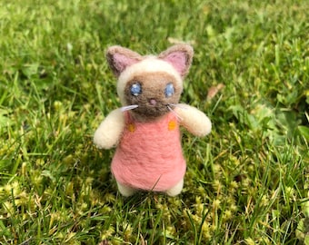 Kawaii Miniature Girl Siamese Kitty Cat in Pink Dress Needle Felted Figure