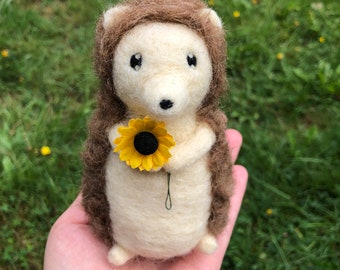 Needle Felted Hedgehog Holding Flower I Love You Gift Valentines Day or Anniversary Gift