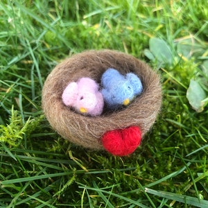 Needle Felted Miniature Love Birds with Love Nest Pink and Blue Tiny Figure Anniversary or Wedding gift