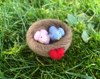 Needle Felted Miniature Love Birds with Love Nest Pink and Blue Tiny Figure Anniversary or Wedding gift