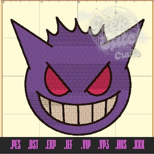 May include: Purple and red embroidered cartoon ghost with a wide, toothy grin. The ghost has a spiky, pointed head and is outlined in black.