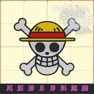 May include: A cartoon skull with a straw hat and crossbones. The skull is white with black eyes and a black mouth. The hat is yellow with a red band. The crossbones are gray.