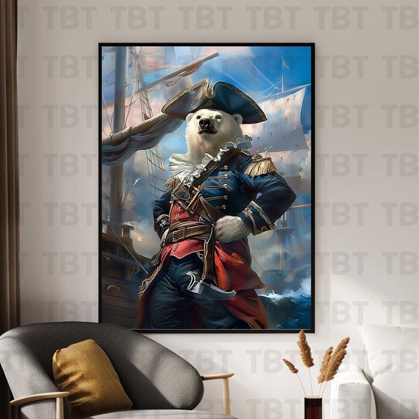 Polar Bear Pirate Bucaneer Portrait, Polar Bear PNG Print Art, Dressed Animal, Whimsical Animal Artwork, Vintage Poster, Victorian Animal