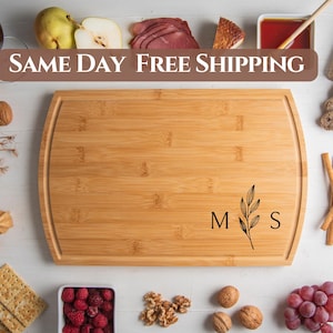 Wood Cutting Board, Personalized Cutting Board, Floral Engagement Gift For Couple, Bamboo Charcuterie Board, Engraved Unique Wedding Gift