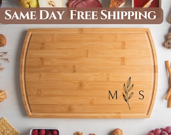 Wood Cutting Board, Personalized Cutting Board, Floral Engagement Gift For Couple, Bamboo Charcuterie Board, Engraved Unique Wedding Gift