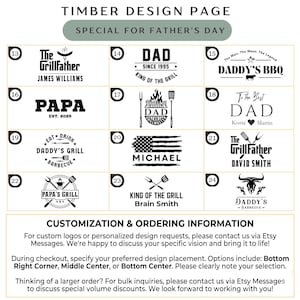 May include: A design page with various Father's Day-themed barbecue logos. Logos include text like "The Grillfather," "DAD," and "Daddy's BBQ," along with grilling tools and other graphics. The page also includes customization information.