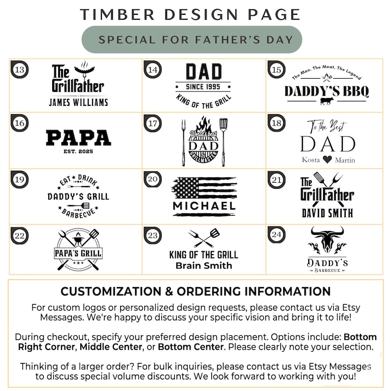 May include: A design page with various Father's Day-themed barbecue logos. Logos include text like "The Grillfather," "DAD," and "Daddy's BBQ," along with grilling tools and other graphics. The page also includes customization information.