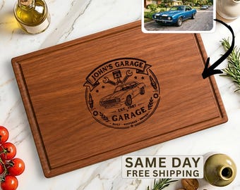 Tabla de cortar personalizada con retrato de coche, foto de coche grabada a medida en madera, regalo para papá, regalo para el Día de los Abuelos, decoración de garaje, regalo para amantes de los coches