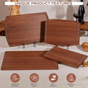 May include: Four wooden cutting boards of varying sizes are displayed. The boards are a rich brown color with a rectangular shape and a carved edge. The text "UNIQUE PRODUCT FEATURES" is at the top. Icons indicate the boards are strong, easy to clean, eco-friendly, and chemical-free.