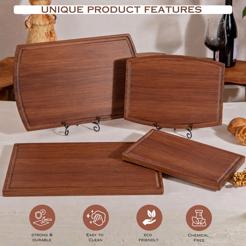 May include: Four wooden cutting boards of varying sizes are displayed. The boards are a rich brown color with a rectangular shape and a carved edge. The text "UNIQUE PRODUCT FEATURES" is at the top. Icons indicate the boards are strong, easy to clean, eco-friendly, and chemical-free.