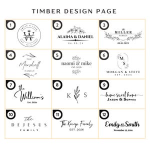 May include: A white page with twelve design options for personalized timber products. Each design features elegant typography with names, dates, and family names. The text "TIMBER DESIGN PAGE" is at the top.