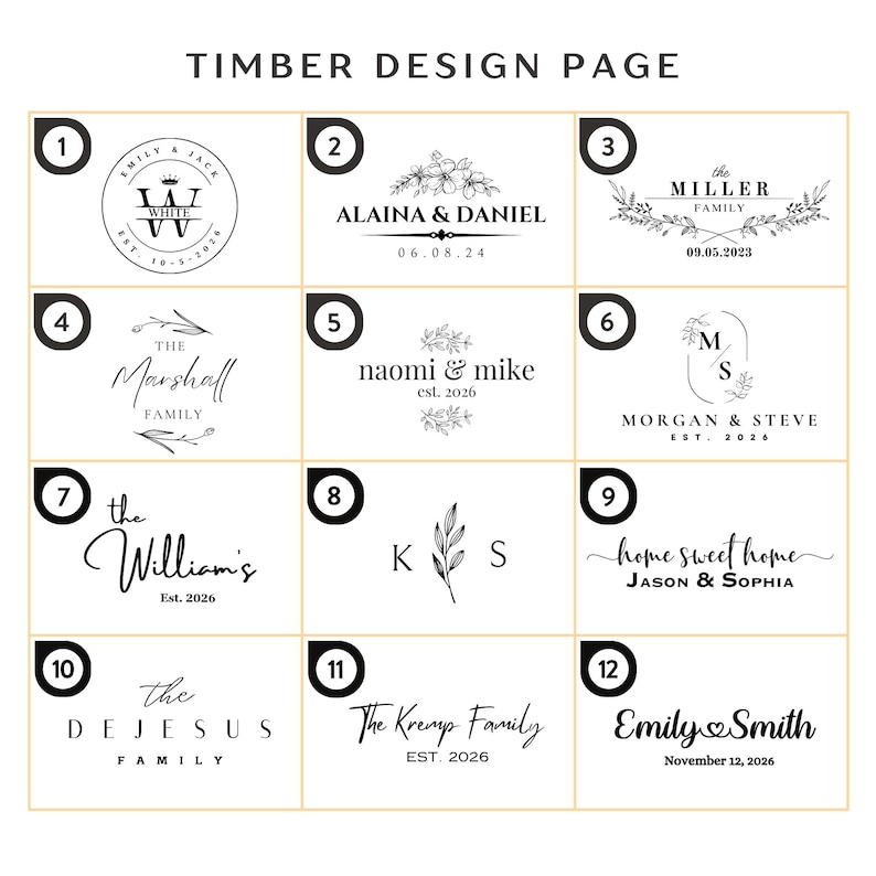 May include: A white page with twelve design options for personalized timber products. Each design features elegant typography with names, dates, and family names. The text "TIMBER DESIGN PAGE" is at the top.