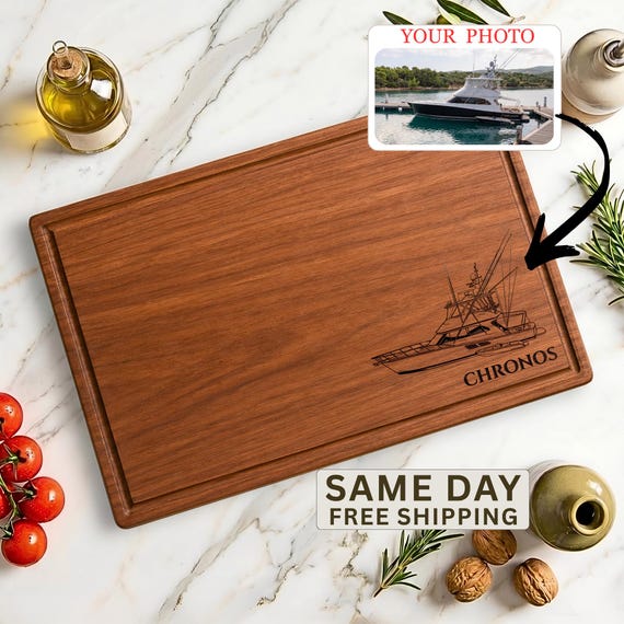 Personalized Boat Photo Cutting Board, Custom Boat Portrait from Picture, Engraved Charcuterie Board, Nautical Gift, Boat Owner Gift