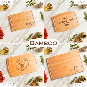 May include: Four bamboo cutting boards with personalized engravings. The boards vary in size, with the largest measuring 17 inches by 11 inches. Each board features a different family name or couple's name and date. The word "BAMBOO" is displayed in the center.