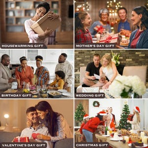 Peut inclure: Un collage d'images illustrant des occasions d'offrir des cadeaux. Les sc&egrave;nes incluent une pendaison de cr&eacute;maill&egrave;re, la f&ecirc;te des m&egrave;res, un anniversaire, un mariage, la Saint-Valentin et No&euml;l. Chaque image montre des personnes &eacute;changeant des cadeaux, avec des &eacute;tiquettes textuelles indiquant l'&eacute;v&eacute;nement.
