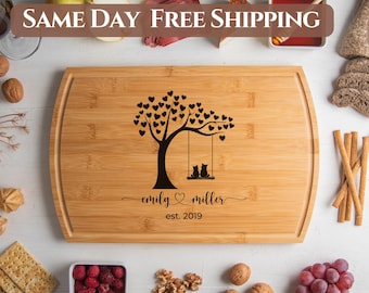 Regalo para amantes de los gatos, tabla de cortar personalizada, regalo de boda personalizado, regalo de pareja, regalo de compromiso único, regalos de inauguración de la casa, gatos en un columpio