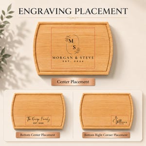 May include: Wooden cutting boards with engraved text options. The top board features "Morgan & Steve EST. 2026" in the center. Below are examples with "The Kremp Family" and "the Williams" in different placements. The boards have a light brown color.