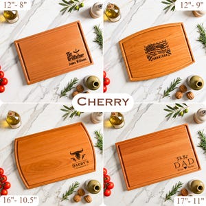 May include: Four cherry wood cutting boards with engraved designs and text. The boards vary in size, with the largest measuring 17 inches by 11 inches. One board reads "The Grillfather", another "Grill Master Jonathan", a third "Daddy's Barbecue", and the last "The Best Dad".