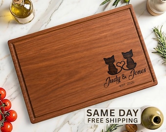 Personalized Cat Couple Cutting Board, Custom Charcuterie Board Cat Lovers Gift, Anniversary Gift for Couples Cat Parents, Housewarming Gift