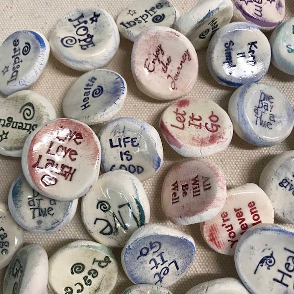 50 Handmade Ceramic Worry Stones, Inspirational & Recovery Words, Wholesale / Bulk