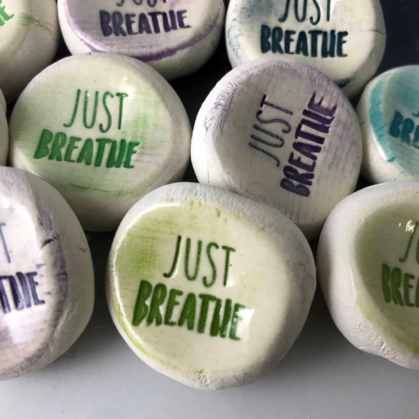 Just Breathe |  Worry Stones, Ceramic, Inspirational Words, Rocks 1-1000 Qty. {other words available}