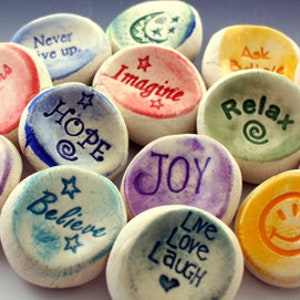 100 Handmade Ceramic Worry Stones,  Inspirational & Recovery Words, Wholesale / Bulk