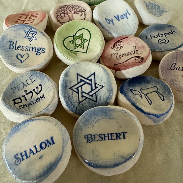 Judaica Worry Stones | Jewish | Israel | Peace & Blessing Prayer Pebbles | Handmade Ceramic Rocks
