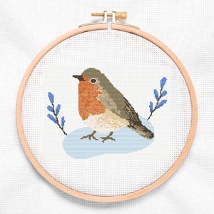Blue Red Flower Winter Bird Cross Stitch Pattern PDF Printable Download, Songbird, Woodland Animals, Cosy