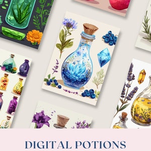 May include: A collection of digital illustrations featuring various glass bottles filled with colorful liquids, botanical elements like flowers and berries, and crystals. The text DIGITAL POTIONS ILLUSTRATIONS and DOWNLOAD NOW is visible.