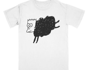 May include: White t-shirt featuring a black and white cartoon illustration. The design depicts a character with spiky yellow hair and a black cloud-like form, with legs extending from the cloud. The character is running. The shirt is made of a soft material.