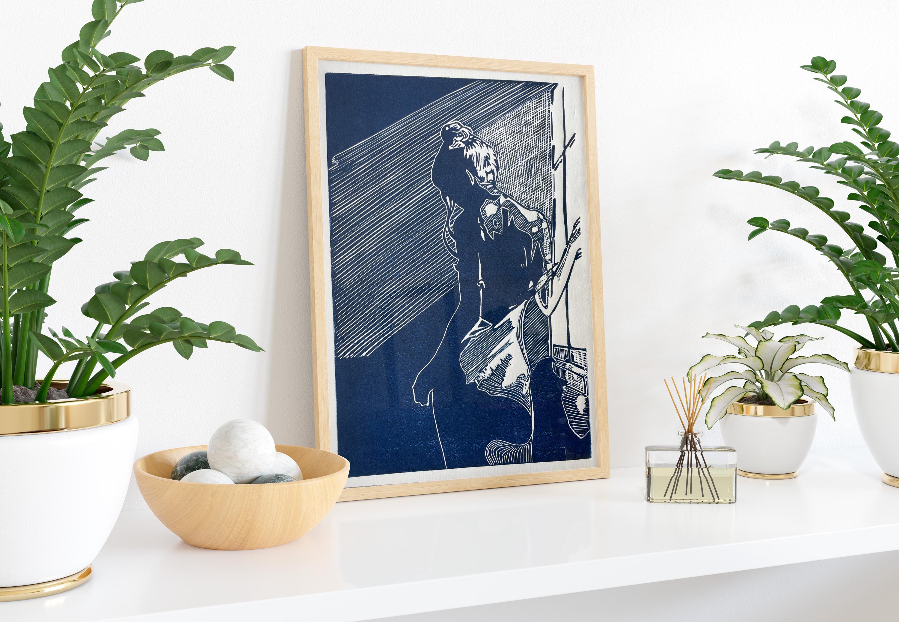 Linocut Print Woman Summer Morning 23x31.7cm
