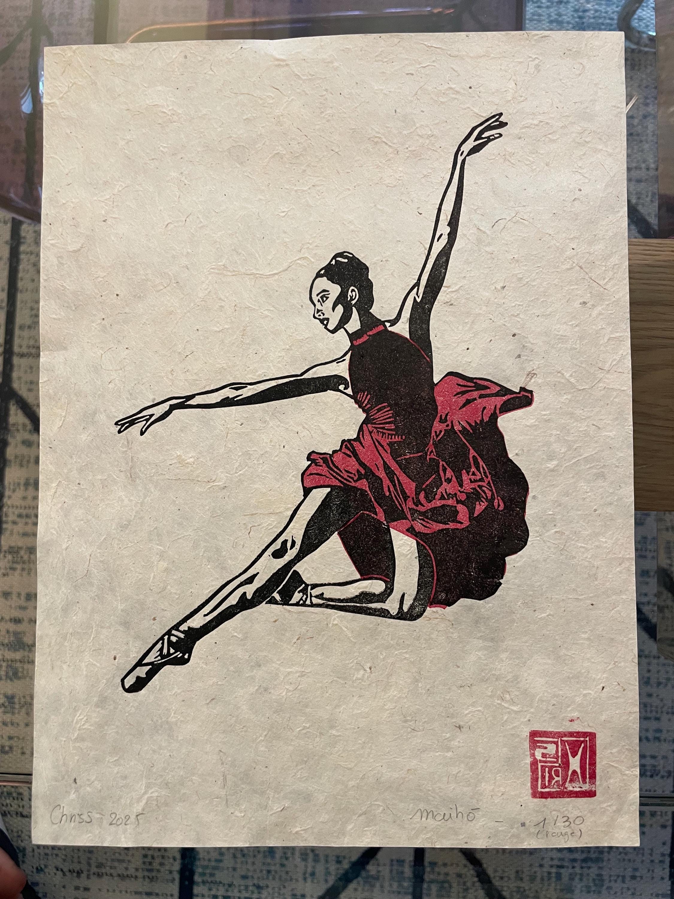 Linocut print of Maihō Dancer (23x31.7 cm) - Red