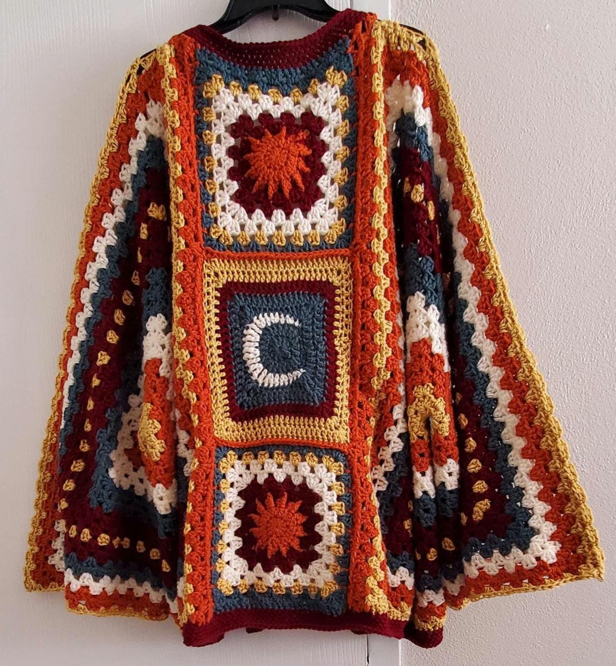 Celestial Vibe Custom Crochet Cardigan, Sun and Moon Granny Square
