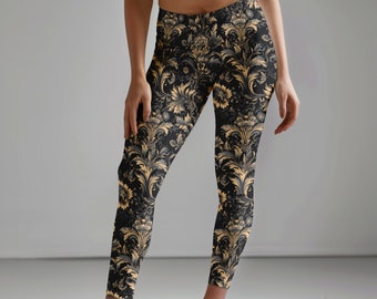 Baroque Leggings, Boho Leggings, Black Leggings For Women, Festival Clothing, Gym Wear, Casual, Yoga Pants, Chic, Baroque Floral Pattern