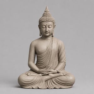 Puede incluir: Una serena estatua de Buda de color beige en una pose de meditación sentado. La figura tiene un tocado detallado y está cubierta con túnicas fluidas. Las manos descansan en el regazo, lo que sugiere un estado de paz y contemplación. La estatua está sobre un fondo gris neutro.