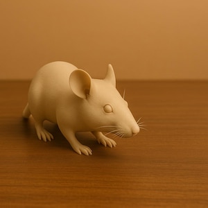 Könnte beinhalten: Cremefarbene Mäusefigur mit detaillierten Merkmalen, einschließlich Schnurrhaaren und kleinen Pfoten. Die Maus befindet sich auf einer Holzoberfläche mit neutralem Hintergrund.