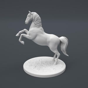 May include: White ceramic figurine of a horse rearing up on its hind legs. The horse has a flowing mane and tail. The figurine is on a round base with a textured surface.