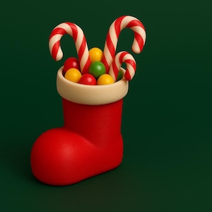 May include: A red Christmas stocking filled with colorful candies and candy canes. The stocking has a white cuff and is set against a dark green background. The candy canes are red and white striped.
