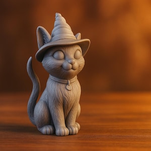 May include: A gray, 3D printed figurine of a cat wearing a witch's hat. The cat is sitting with its tail curled around its body.