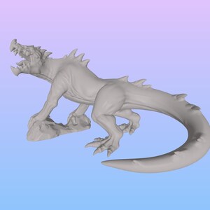 May include: A grey, 3D printed model of a fantasy creature with a long tail and two heads. The creature is posed in a standing position with its tail curled around its body.