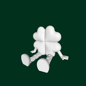 May include: A white, cartoon-like four-leaf clover character with arms, legs, and feet, sitting on a dark green background. The clover's four leaves are heart-shaped. The character's limbs are cylindrical.